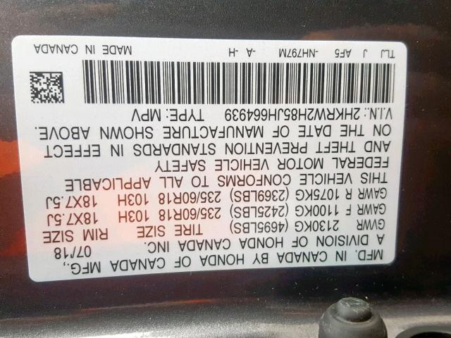 2HKRW2H85JH664939 - 2018 HONDA CR-V EXL GRAY photo 10