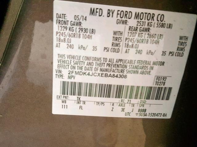 2FMDK4JCXEBA84308 - 2014 FORD EDGE SEL BROWN photo 10