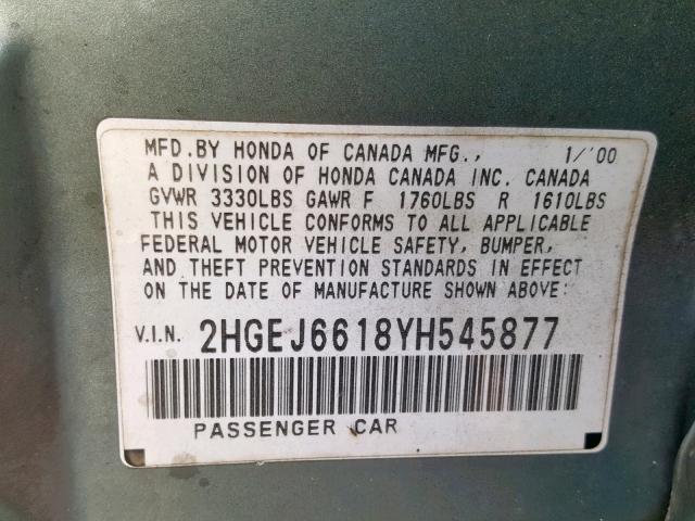 2HGEJ6618YH545877 - 2000 HONDA CIVIC BASE GREEN photo 10