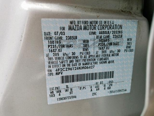 4F2CZ96124KM06427 - 2004 MAZDA TRIBUTE ES 银色 照片 10