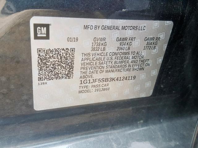 1G1JF5SB3K4124119 - 2019 CHEVROLET SONIC PREM GRAY photo 10