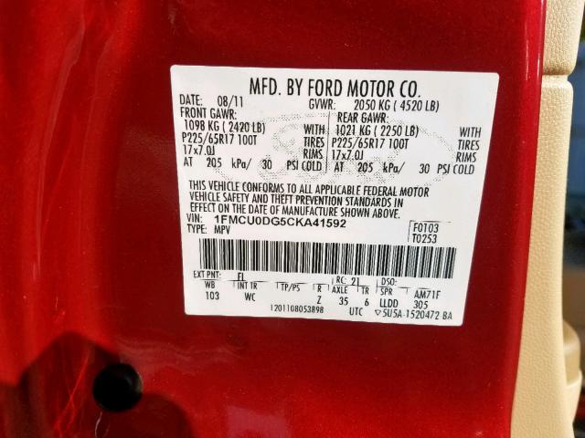 1FMCU0DG5CKA41592 - 2012 FORD ESCAPE XLT RED photo 10