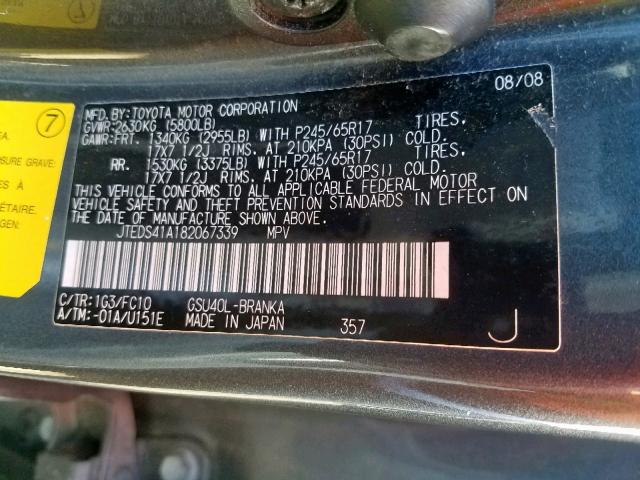 JTEDS41A182067339 - 2008 TOYOTA HIGHLANDER GRAY photo 10