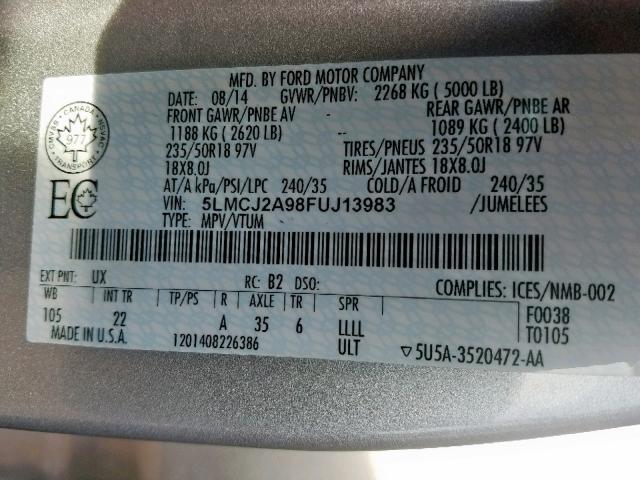 5LMCJ2A98FUJ13983 - 2015 LINCOLN MKC SILVER photo 10