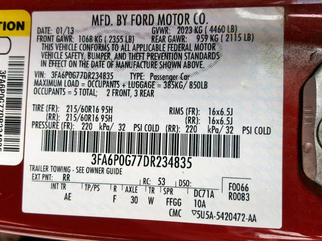 3FA6P0G77DR234835 - 2013 FORD FUSION S RED photo 10