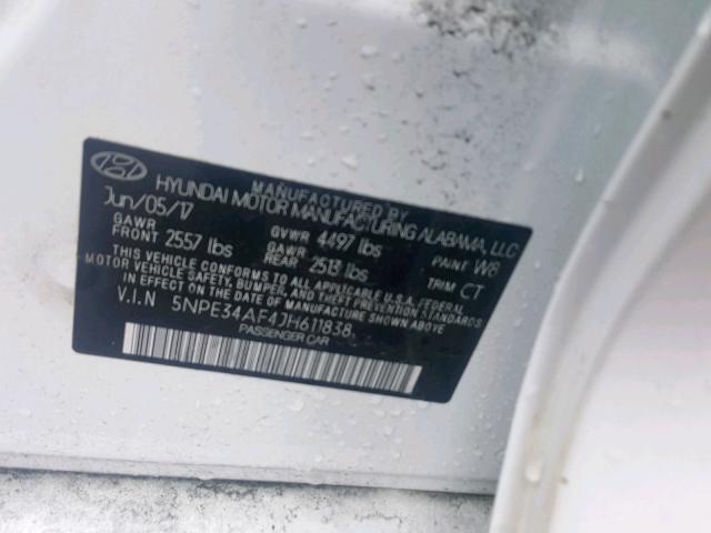 5NPE34AF4JH611838 - 2018 HYUNDAI SONATA SPO WHITE photo 10