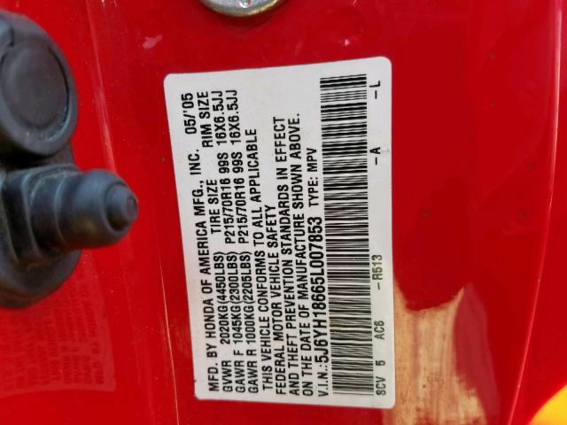 5J6YH18665L007853 - 2005 HONDA ELEMENT EX RED photo 10