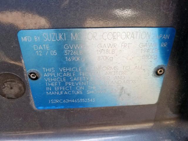 JS2RC62H465352343 - 2006 SUZUKI AERIO GRAY photo 10