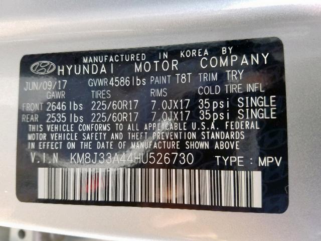 KM8J33A44HU526730 - 2017 HYUNDAI TUCSON LIM SILVER photo 10