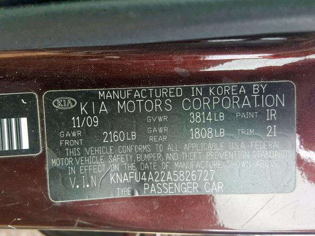 KNAFU4A22A5826727 - 2010 KIA FORTE EX PURPLE photo 10