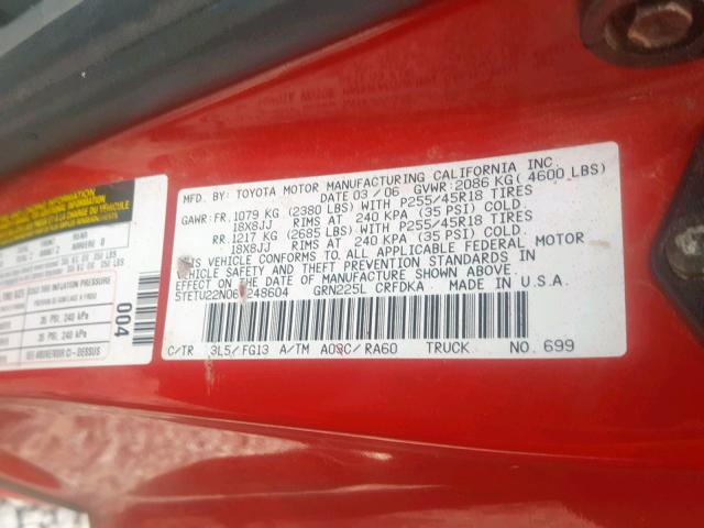 5TETU22N06Z248604 - 2006 TOYOTA TACOMA X-R RED photo 10