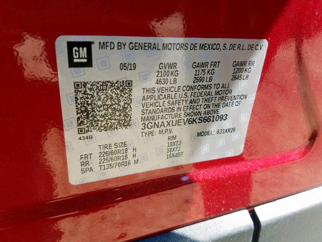 3GNAXUEV6KS661093 - 2019 CHEVROLET EQUINOX LT RED photo 10