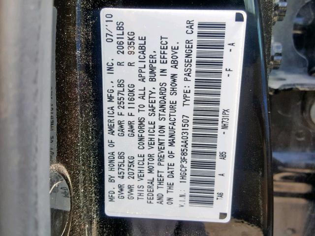 1HGCP3F85AA031507 - 2010 HONDA ACCORD EXL BLACK photo 10