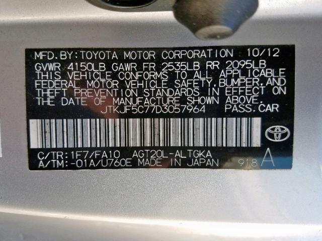 JTKJF5C77D3057964 - 2013 TOYOTA SCION TC ვერცხლისფერი ფოტო 10