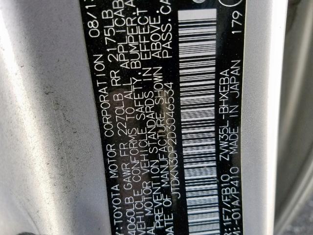 JTDKN3DP2D3046534 - 2013 TOYOTA PRIUS PLUG SILVER photo 10