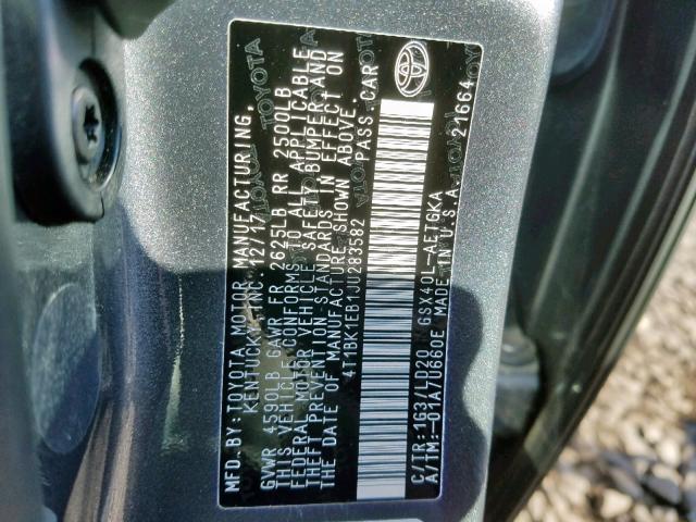 4T1BK1EB1JU283582 - 2018 TOYOTA AVALON XLE GRAY photo 10