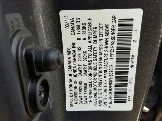 2HGFB2F9XFH532657 - 2015 HONDA CIVIC EXL GRAY photo 10