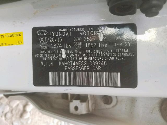 KMHCT4AE3GU039248 - 2016 HYUNDAI ACCENT SE WHITE photo 10