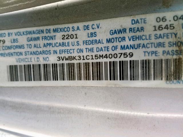 3VWBK31C15M400759 - 2005 VOLKSWAGEN NEW BEETLE ვერცხლისფერი ფოტო 10