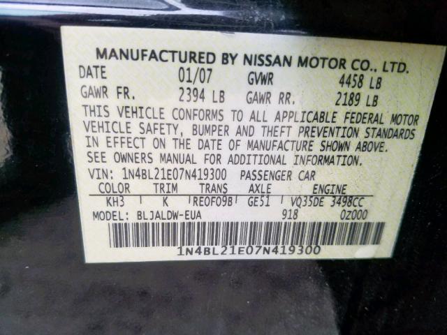 1N4BL21E07N419300 - 2007 NISSAN ALTIMA 3.5 BLACK photo 10