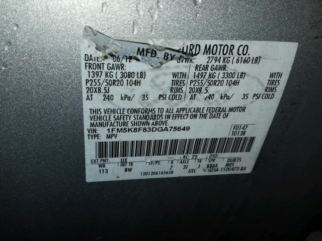 1FM5K8F83DGA75649 - 2013 FORD EXPLORER L SILVER photo 10