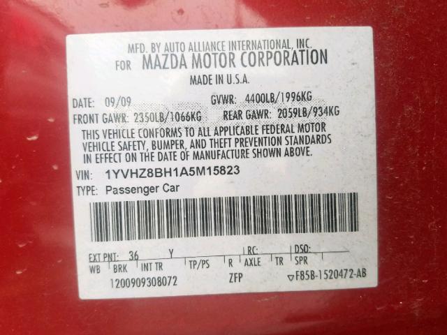 1YVHZ8BH1A5M15823 - 2010 MAZDA 6 I RED photo 10