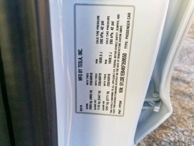 5YJ3E1EB4KF359550 - 2019 TESLA MODEL 3 WHITE photo 10