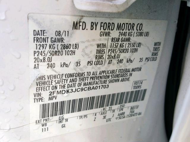 2FMDK3JC9CBA01703 - 2012 FORD EDGE SEL WHITE photo 10