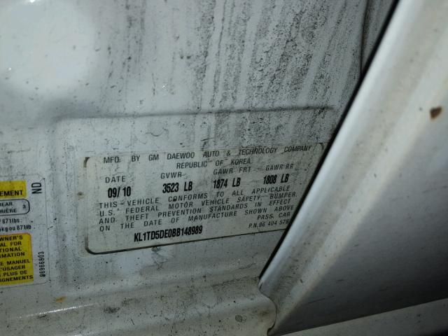 KL1TD5DE0BB148989 - 2011 CHEVROLET AVEO LS WHITE photo 10