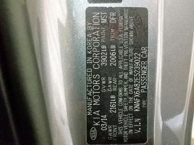 KNAFX6A82E5239022 - 2014 KIA FORTE EX GRAY photo 10