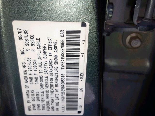 1HGCP26858A005316 - 2008 HONDA ACCORD EXL GRAY photo 10