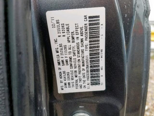 1HGCS2B83BA006511 - 2011 HONDA ACCORD EXL GRAY photo 10