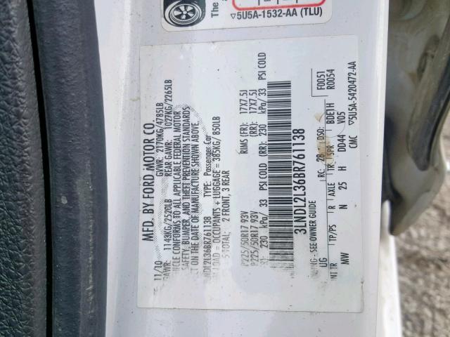 3LNDL2L36BR761138 - 2011 LINCOLN MKZ HYBRID WHITE photo 10