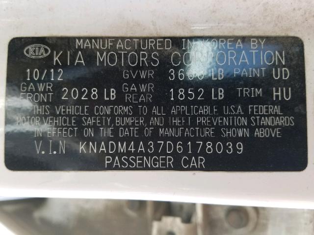 KNADM4A37D6178039 - 2013 KIA RIO LX WHITE photo 10