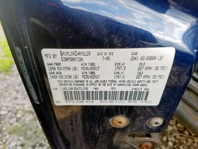 1J4GL58K35W721226 - 2005 JEEP LIBERTY LI BLUE photo 10