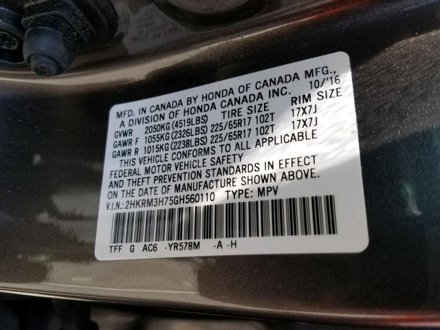 2HKRM3H75GH560110 - 2016 HONDA CR-V EXL GRAY photo 10