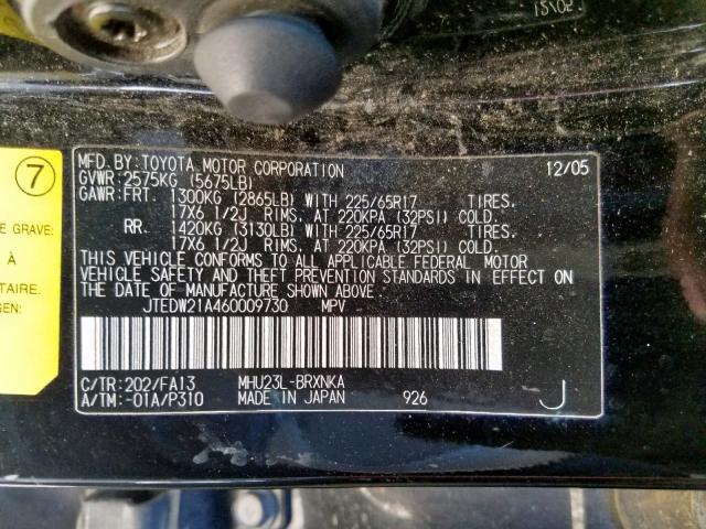 JTEDW21A460009730 - 2006 TOYOTA HIGHLANDER BLACK photo 10