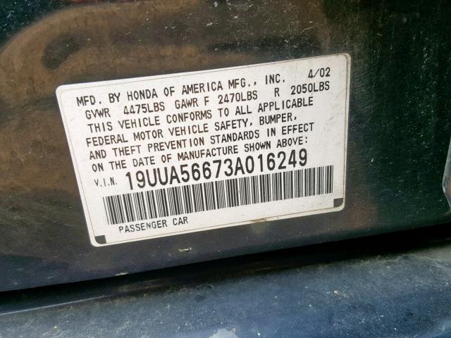 19UUA56673A016249 - 2003 ACURA 3.2TL BLACK photo 10