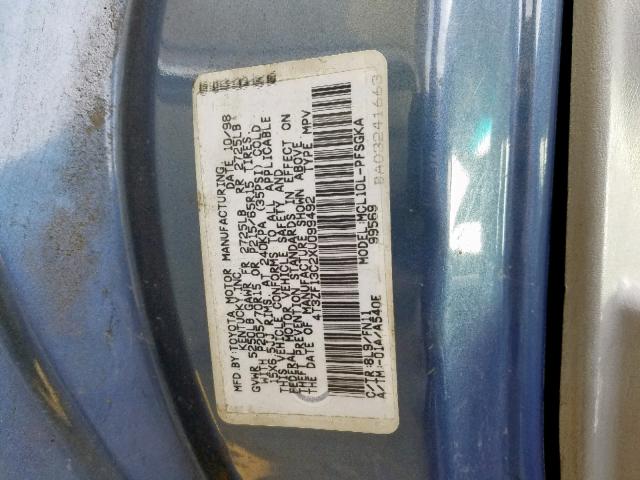 4T3ZF13C2XU099492 - 1999 TOYOTA SIENNA LE BLUE photo 10