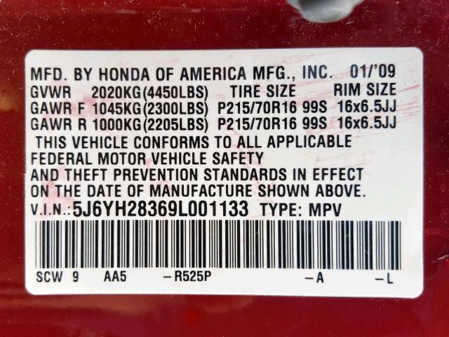 5J6YH28369L001133 - 2009 HONDA ELEMENT LX BURGUNDY photo 10