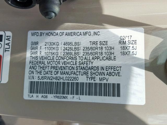 5J6RW2H82HL022260 - 2017 HONDA CR-V EXL BEIGE photo 10