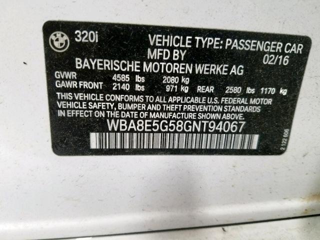 WBA8E5G58GNT94067 - 2016 BMW 320 XI WHITE photo 10