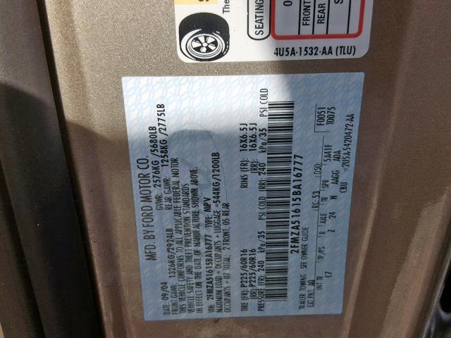 2FMZA51615BA16777 - 2005 FORD FREESTAR S BEIGE photo 10