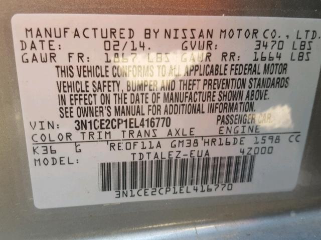 3N1CE2CP1EL416770 - 2014 NISSAN VERSA NOTE GRAY photo 10