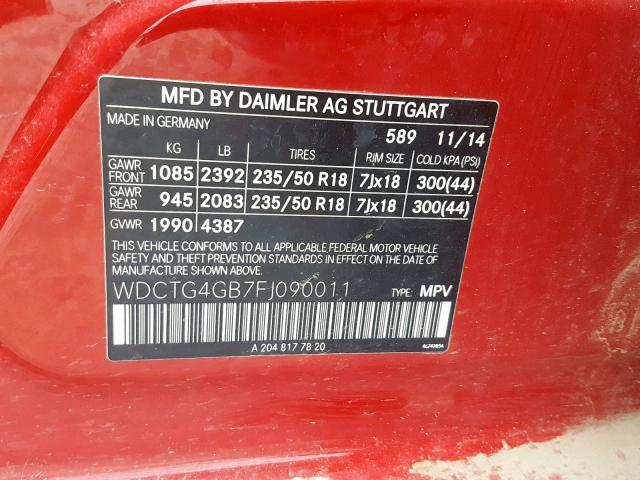 WDCTG4GB7FJ090011 - 2015 MERCEDES-BENZ GLA 250 4M RED photo 10