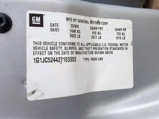 1G1JC524427103353 - 2002 CHEVROLET CAVALIER B SILVER photo 10