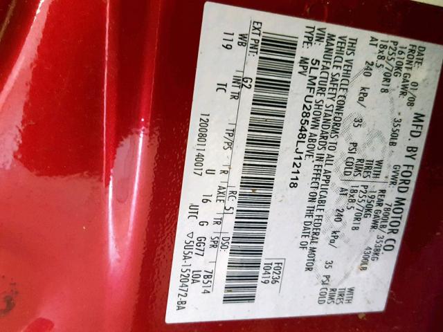 5LMFU28548LJ12118 - 2008 LINCOLN NAVIGATOR BURGUNDY photo 10