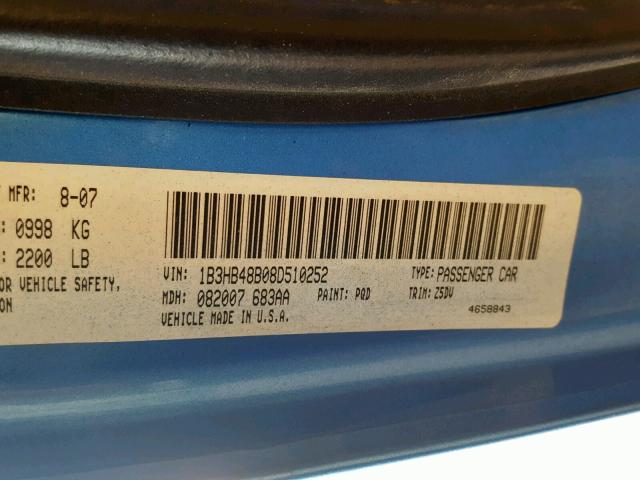 1B3HB48B08D510252 - 2008 DODGE CALIBER SX BLUE photo 10