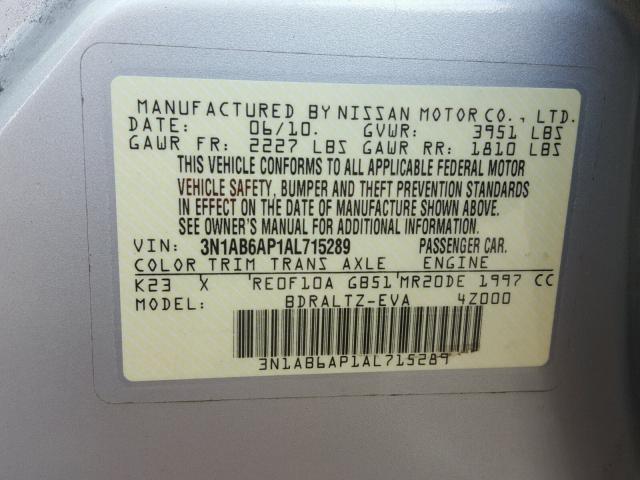 3N1AB6AP1AL715289 - 2010 NISSAN SENTRA 2.0 SILVER photo 10