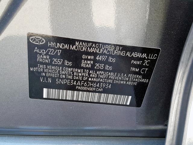 5NPE34AF6JH643934 - 2018 HYUNDAI SONATA SPO GRAY photo 10